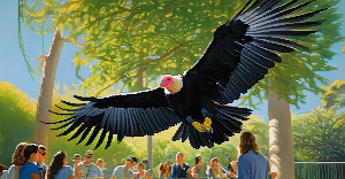 A California condor soaring in a clear blue sky above the San Diego Zoo, with visitors watching in admiration.