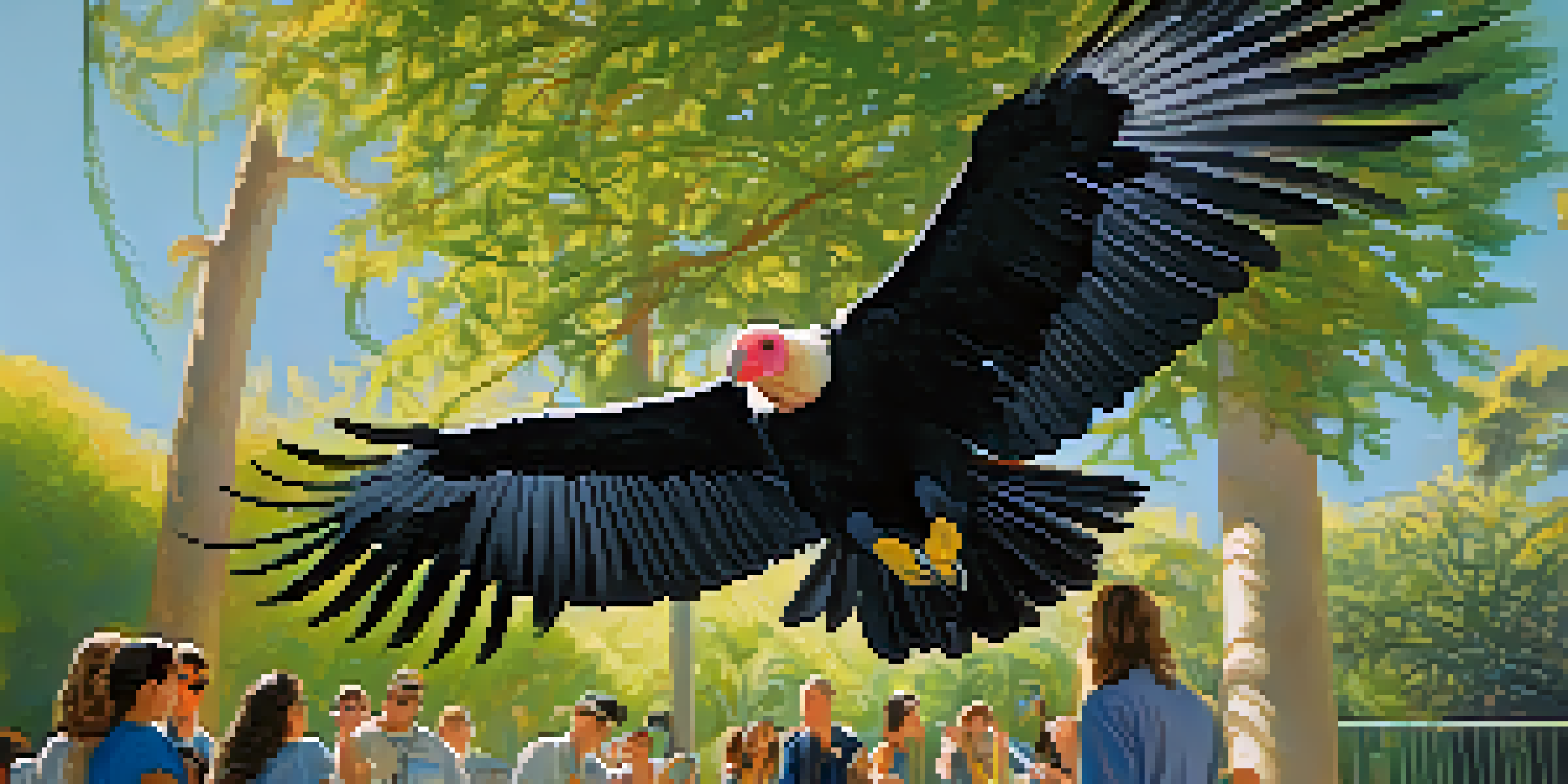 A California condor soaring in a clear blue sky above the San Diego Zoo, with visitors watching in admiration.