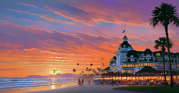 A colorful sunset over Coronado Beach with the historic Hotel del Coronado and silhouetted palm trees.