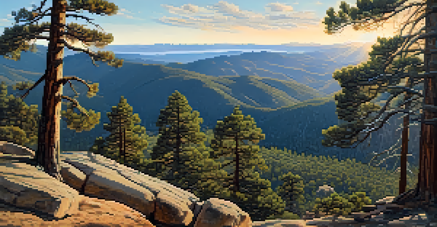 A breathtaking mountain view from a lookout point, featuring tall pine trees, expansive valleys, and a distant waterfall under a clear blue sky with fluffy clouds.