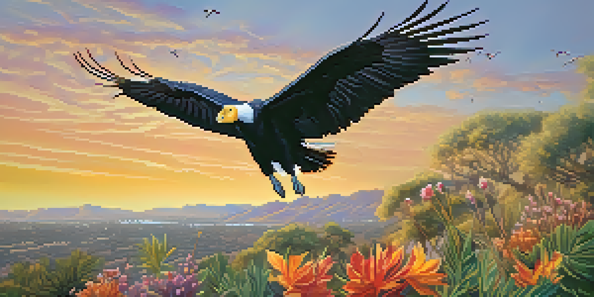 A scenic view of a wildlife conservation center in San Diego, featuring a California condor flying above and endangered species such as an Arabian oryx and a black-footed ferret in a lush environment.