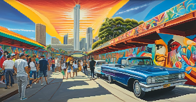 A lively park filled with colorful murals depicting the Chicano community's history, with the Coronado Bridge in the background and visitors admiring the art.