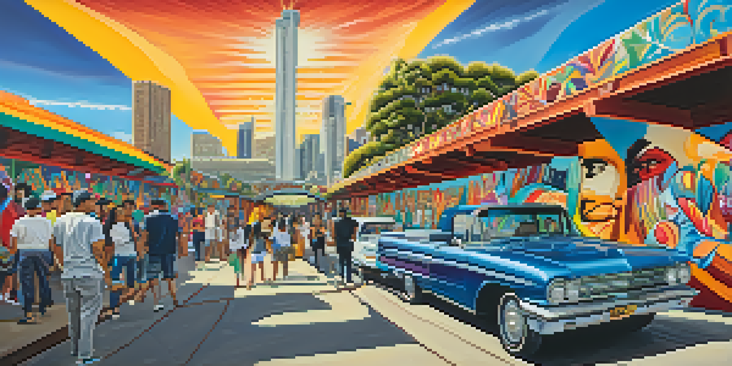A lively park filled with colorful murals depicting the Chicano community's history, with the Coronado Bridge in the background and visitors admiring the art.