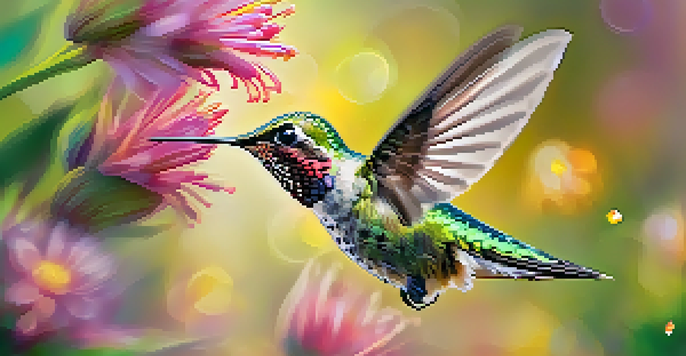 A colorful Anna's Hummingbird in mid-air, surrounded by blooming flowers in a sunny garden.