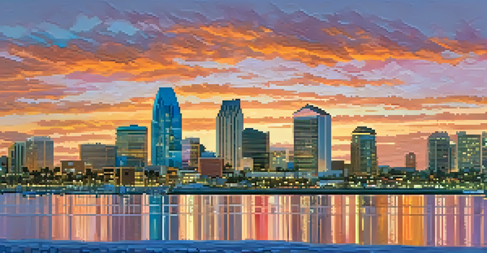 A sunset skyline of San Diego with solar panels on rooftops and ocean waves in the foreground.