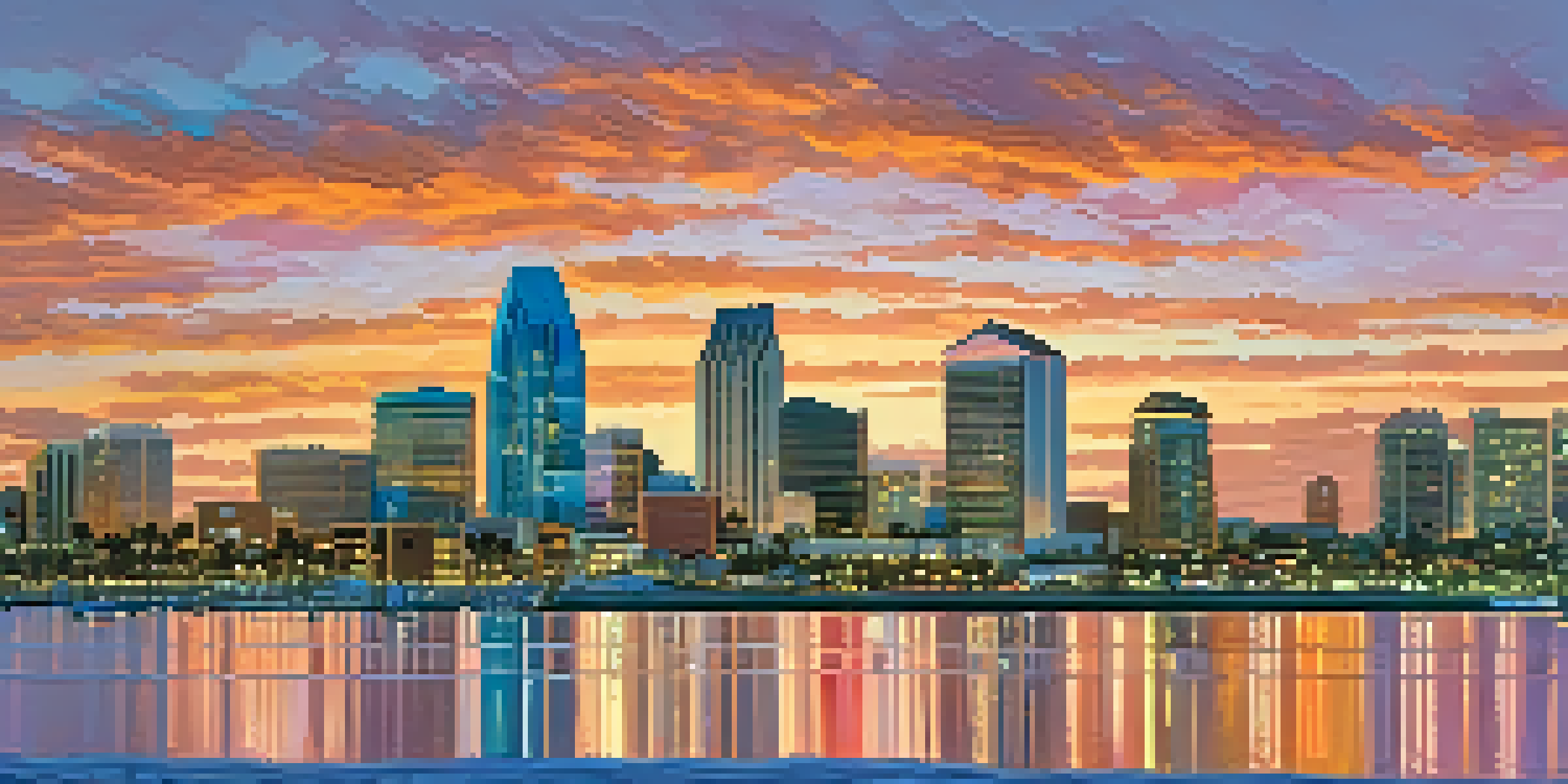 A sunset skyline of San Diego with solar panels on rooftops and ocean waves in the foreground.