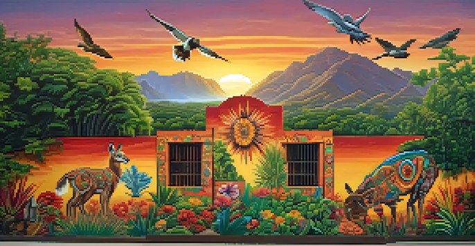 A colorful mural on a brick wall surrounded by greenery, showcasing traditional Mexican art with modern elements.