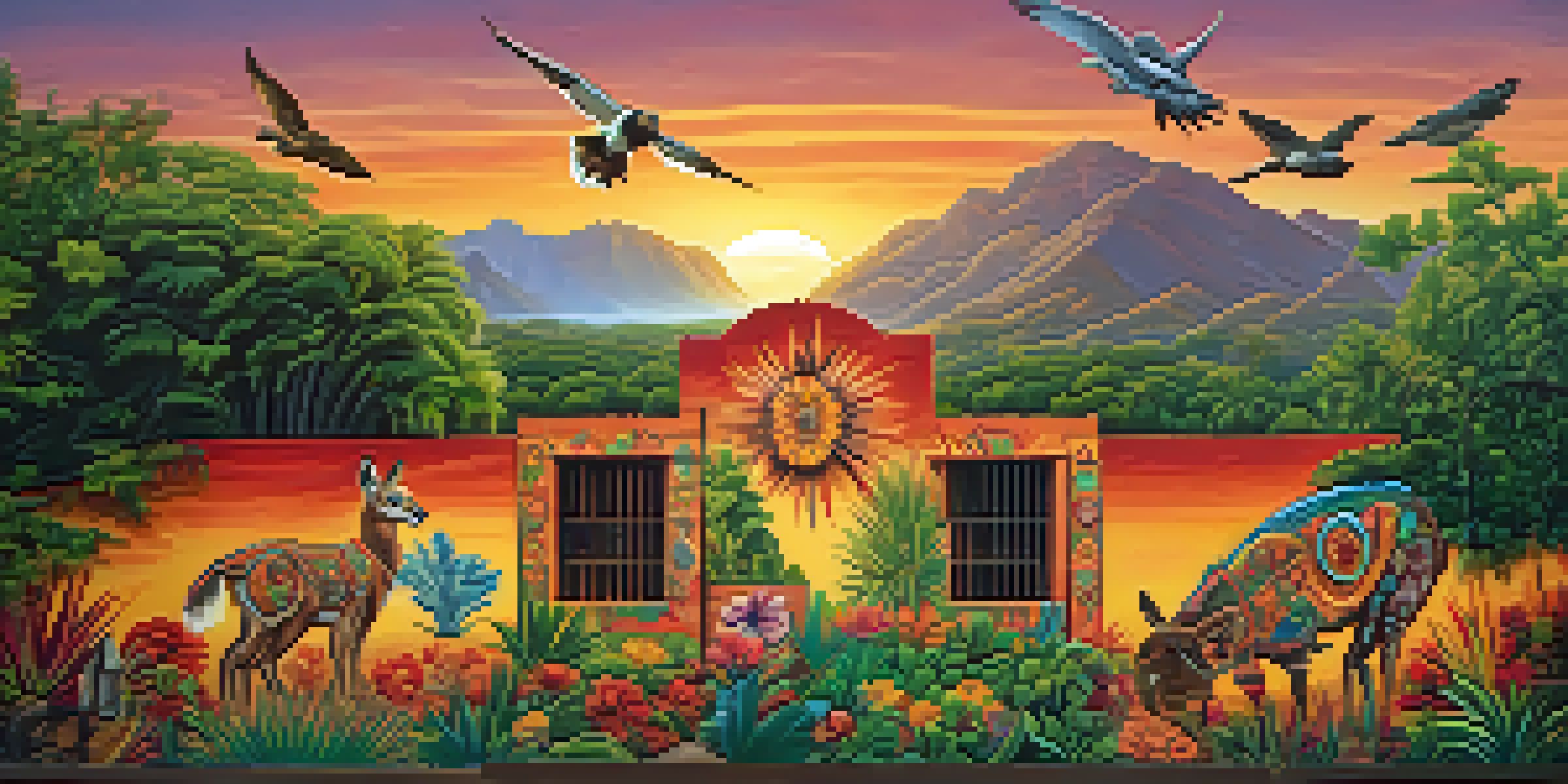 A colorful mural on a brick wall surrounded by greenery, showcasing traditional Mexican art with modern elements.