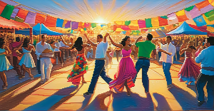 A vibrant festival scene with people dancing, colorful decorations, and food stalls, capturing the essence of the San Diego Latin Music Festival.