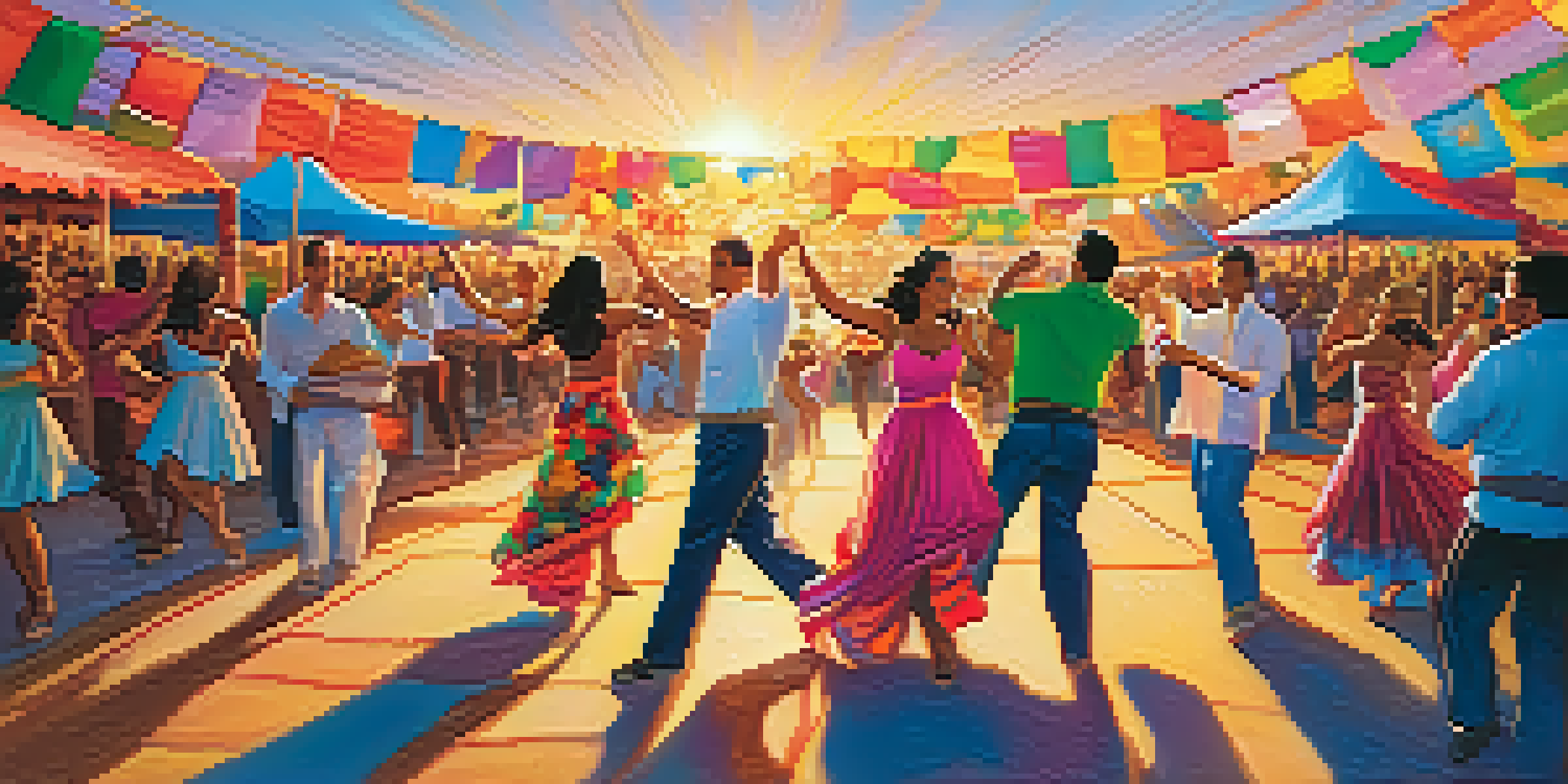 A vibrant festival scene with people dancing, colorful decorations, and food stalls, capturing the essence of the San Diego Latin Music Festival.