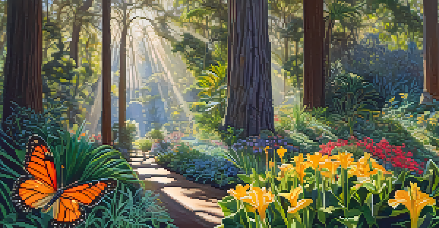 A close-up view of the diverse plants and flowers in Balboa Park, with sunlight filtering through the leaves.