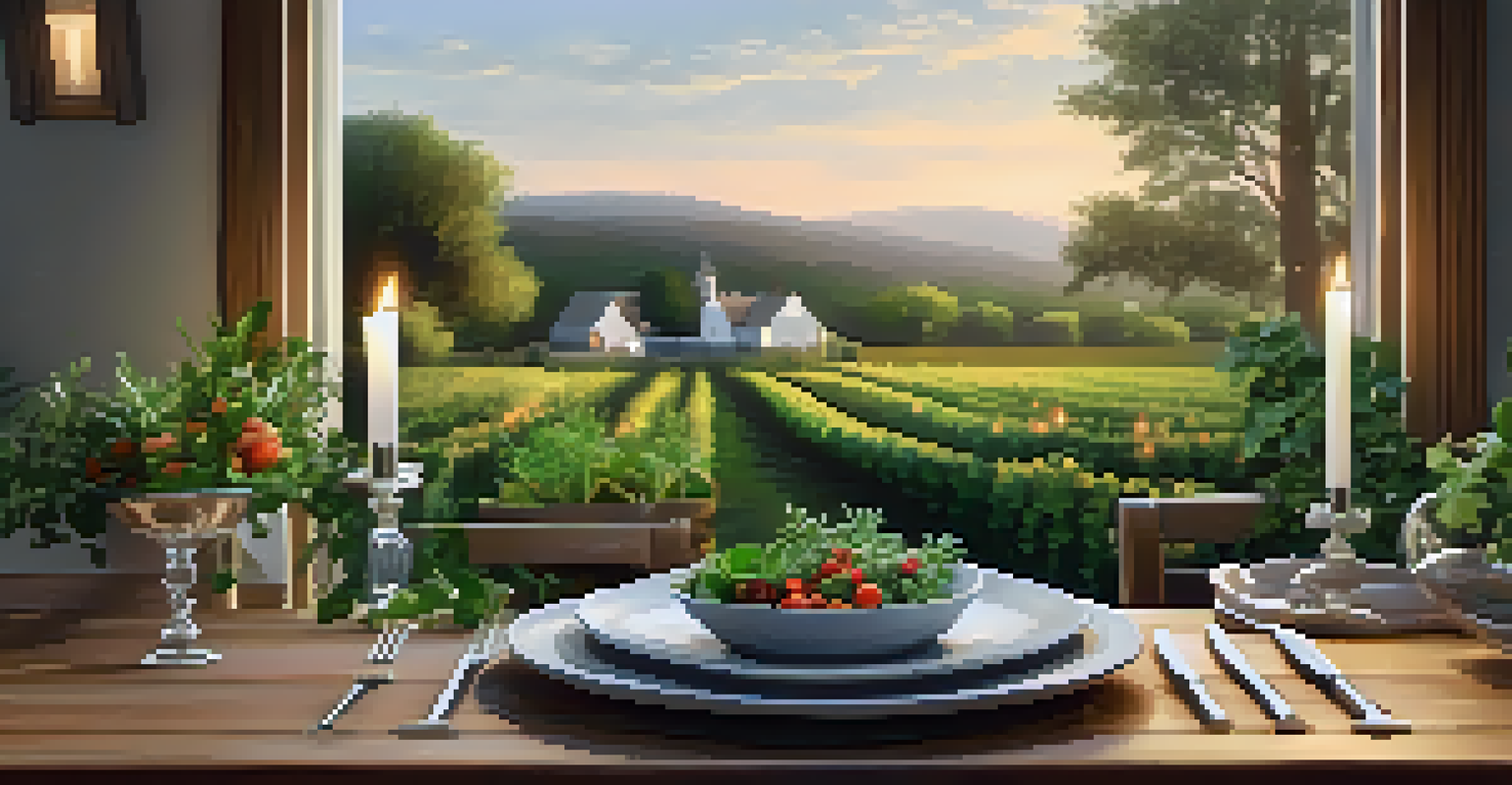 A sophisticated dining table set with a beautifully plated dish and fresh herbs, surrounded by a garden view.