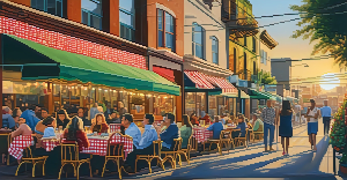 A lively street in Little Italy, San Diego, featuring colorful murals, outdoor dining, and people enjoying their meals under warm lights during sunset.