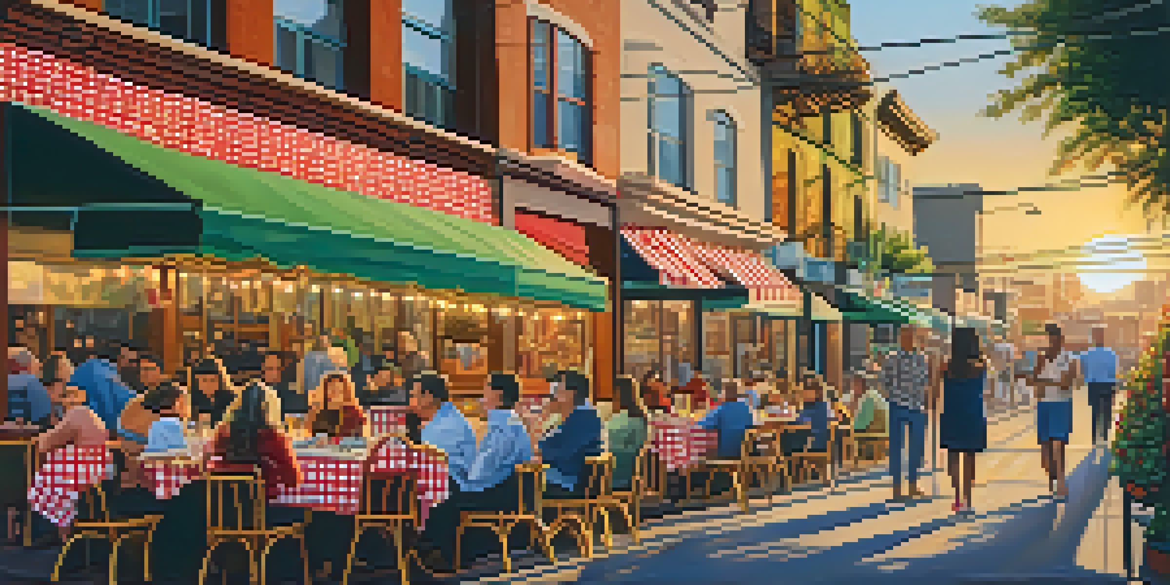 A lively street in Little Italy, San Diego, featuring colorful murals, outdoor dining, and people enjoying their meals under warm lights during sunset.