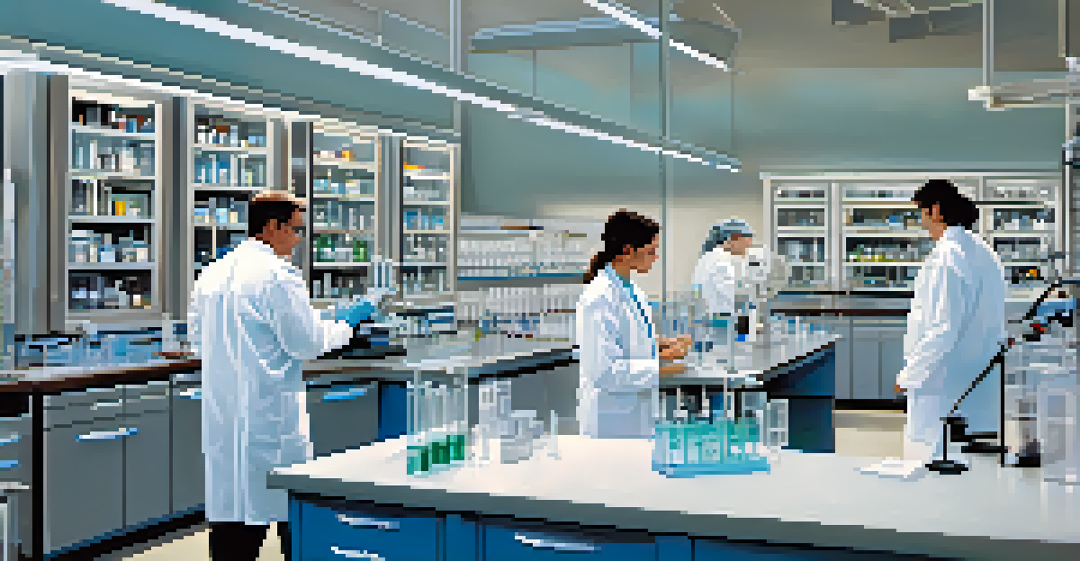 A biotechnology lab in San Diego with scientists in lab coats working with advanced equipment and analyzing samples.