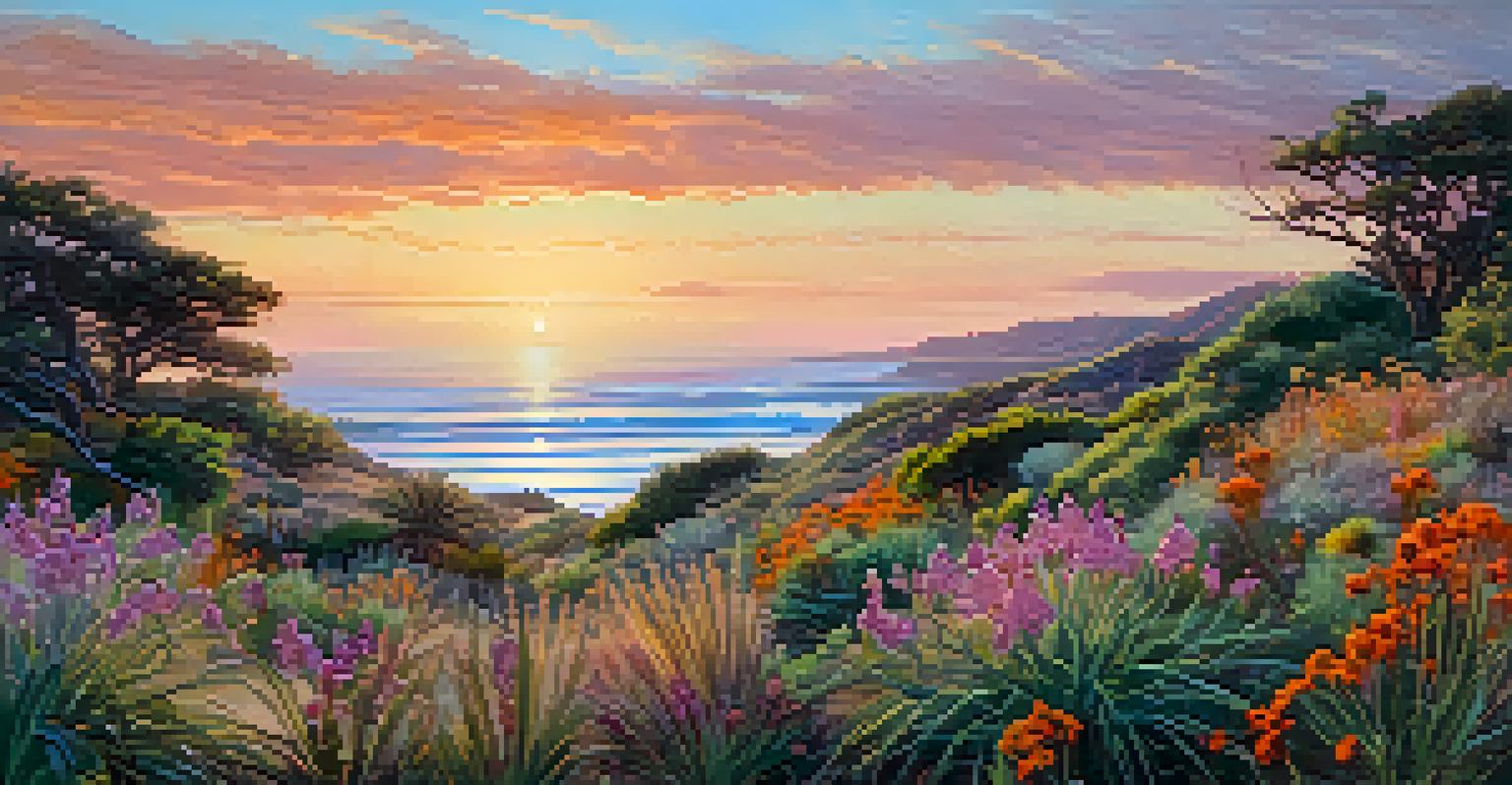 A San Diego coastal landscape at sunset, with blooming wildflowers and quail, under a colorful sky.