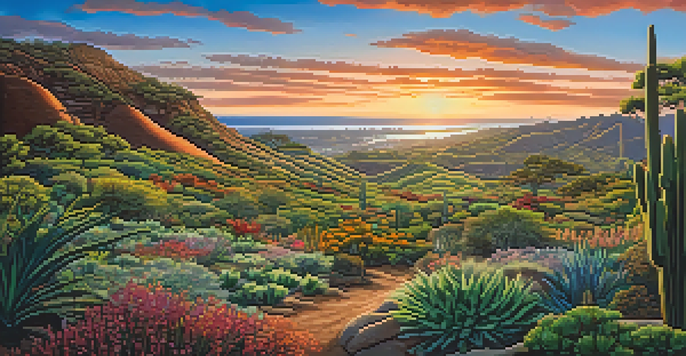 A tranquil San Diego landscape with green hills, a blue sky, traditional Kumeyaay structures, native plants, and a colorful sunset.