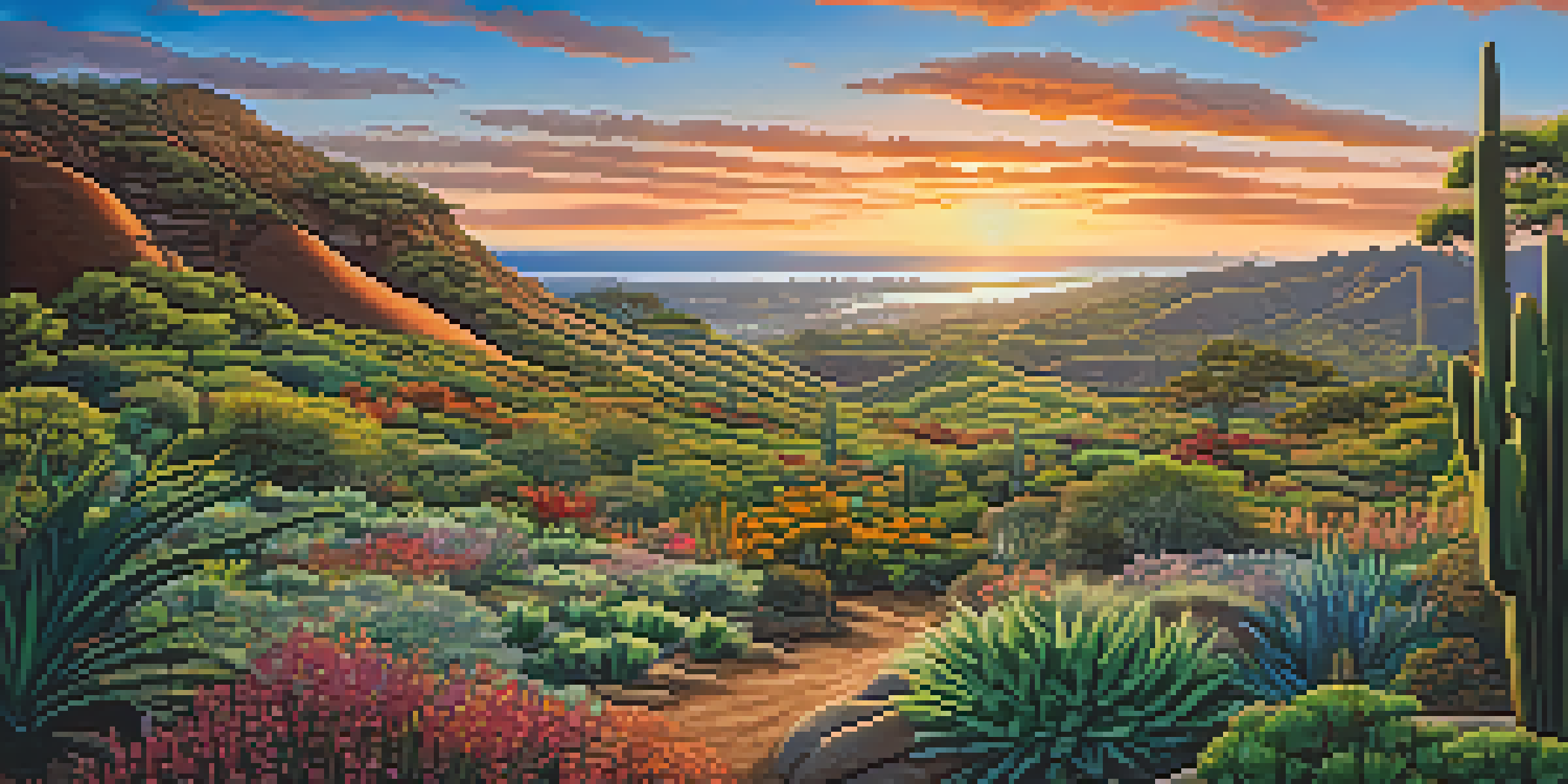 A tranquil San Diego landscape with green hills, a blue sky, traditional Kumeyaay structures, native plants, and a colorful sunset.