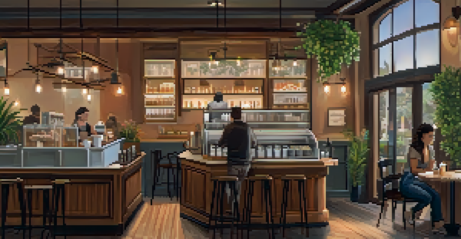A cozy café interior in San Diego with rustic decor, a barista making coffee, and customers enjoying pastries in a warm atmosphere.