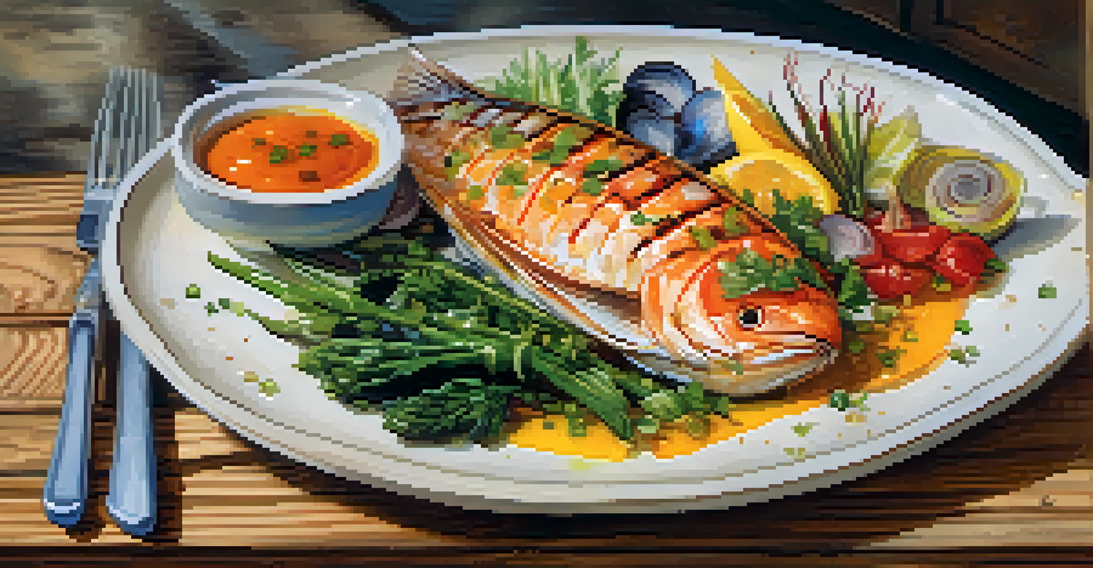 A gourmet seafood dish presented on a rustic wooden table, featuring grilled fish, seasonal vegetables, and a citrus sauce, illuminated by soft lighting.