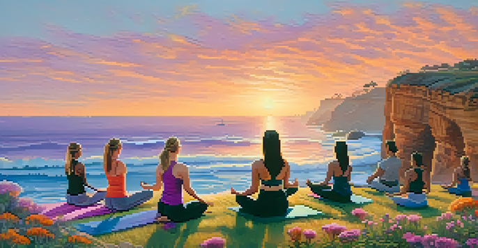 A group of people practicing yoga at Sunset Cliffs in San Diego during sunset, with a colorful sky and ocean waves below.