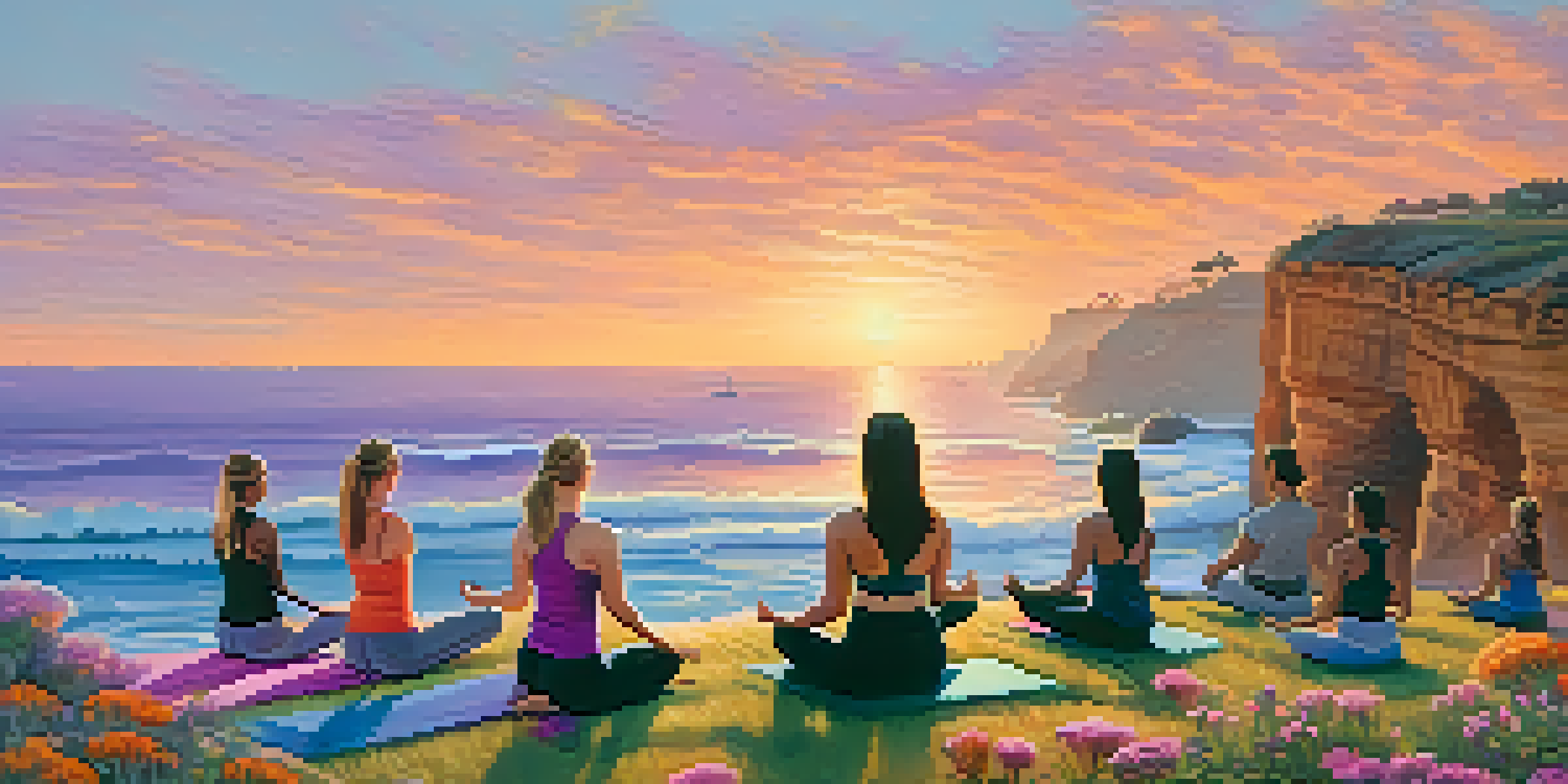 A group of people practicing yoga at Sunset Cliffs in San Diego during sunset, with a colorful sky and ocean waves below.