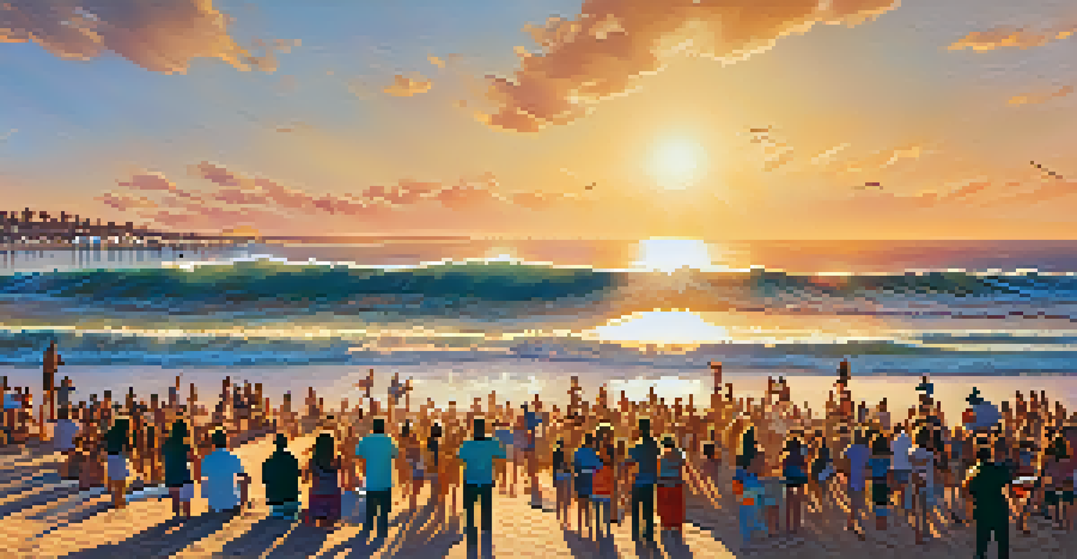 A sunset scene at the San Diego Surf Festival with crowds dancing in the sand and live music performances, illuminated by bonfires.
