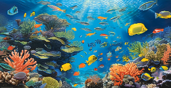 A colorful underwater coral reef filled with diverse marine life, including fish and corals, illuminated by sunlight.