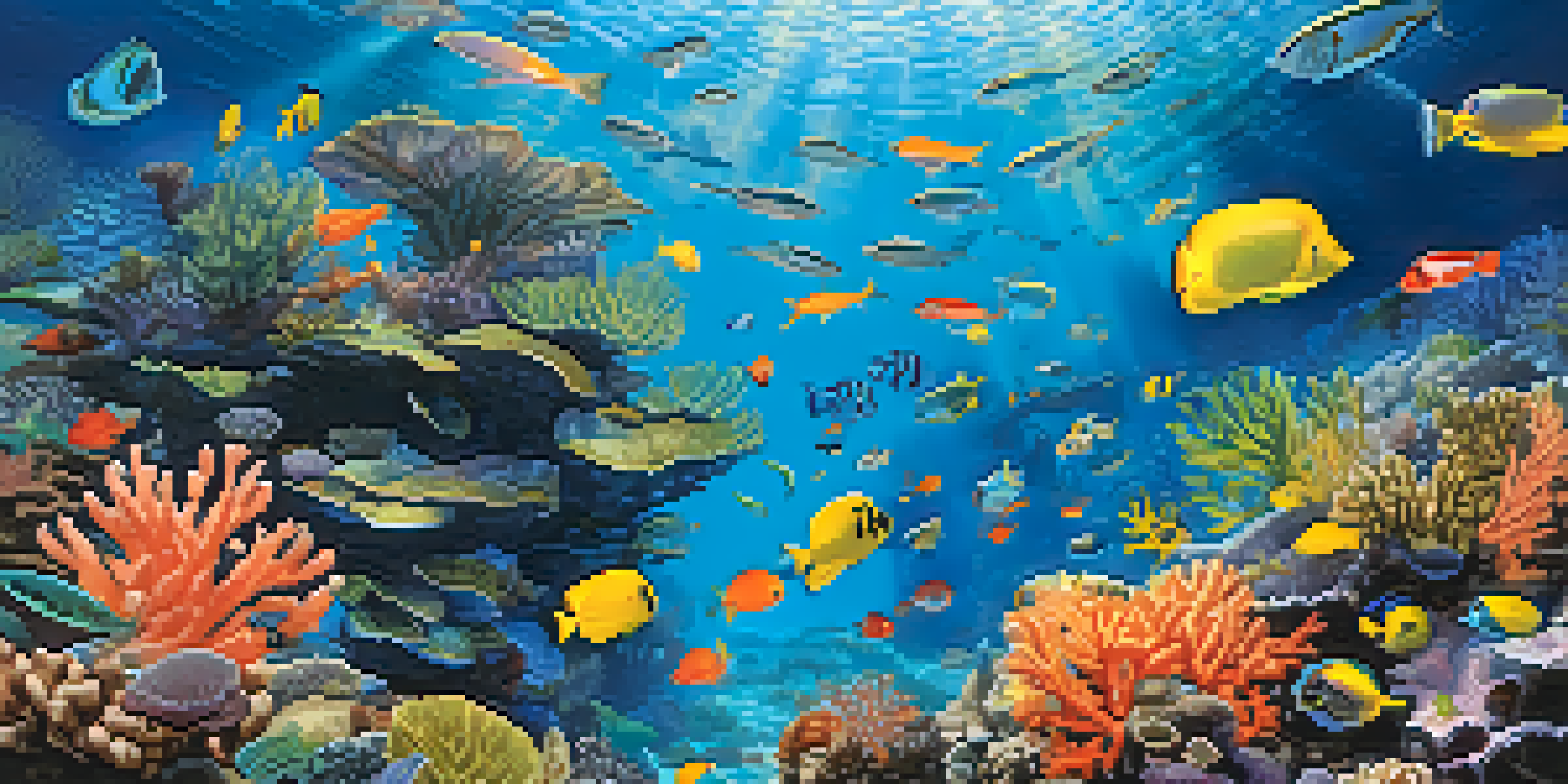 A colorful underwater coral reef filled with diverse marine life, including fish and corals, illuminated by sunlight.