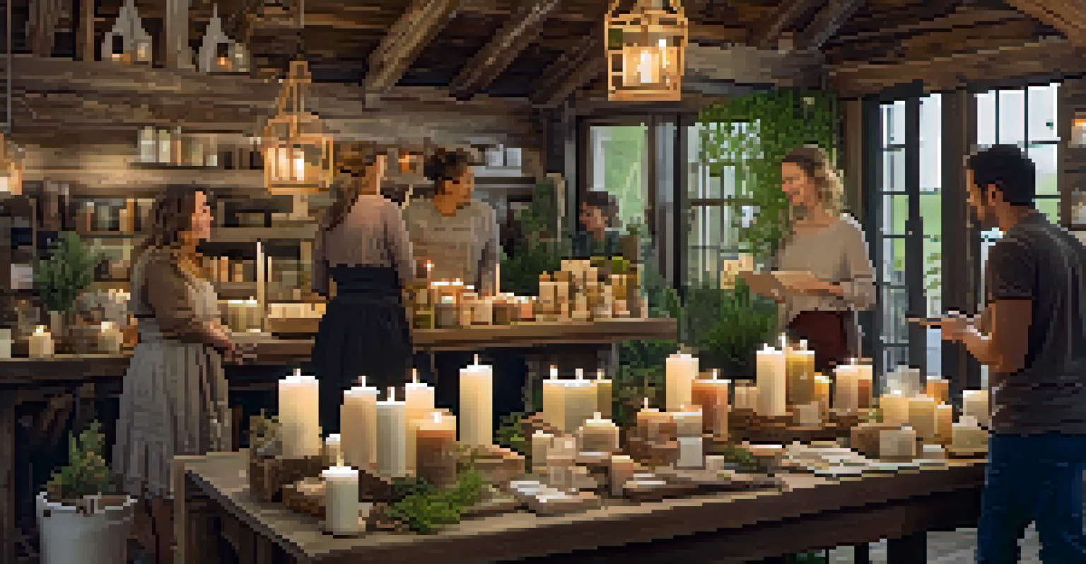 An artisan showcasing handmade soaps and candles in a rustic booth with warm lighting and natural decor.