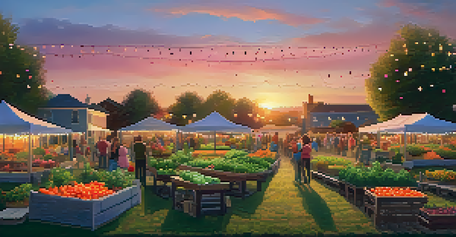 A community garden at sunset, with families enjoying a harvest festival surrounded by colorful produce and warm lighting.