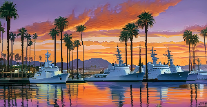 A sunset view of San Diego's naval base with ships and palm trees in the foreground.