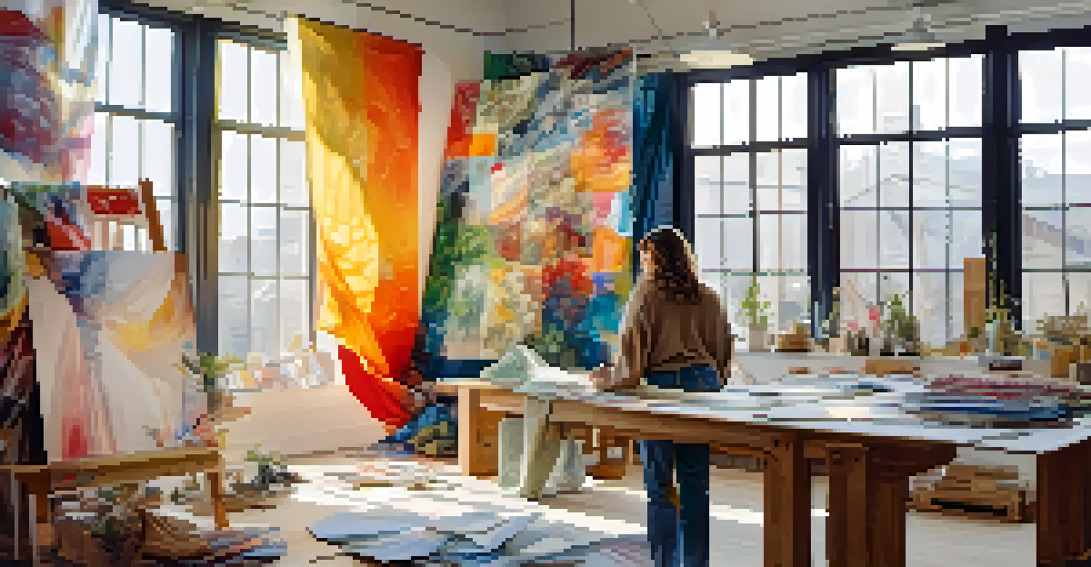 An artist in a studio filled with sketches and fabrics, creating a sustainable fashion piece under natural light from large windows.