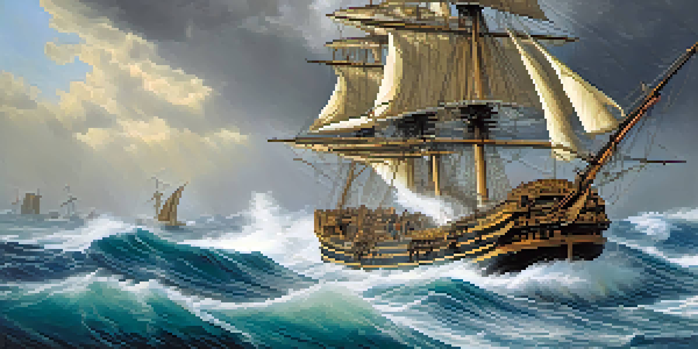 A historical depiction of Cabrillo's ship battling stormy seas, showcasing sailors in action and turbulent waves.