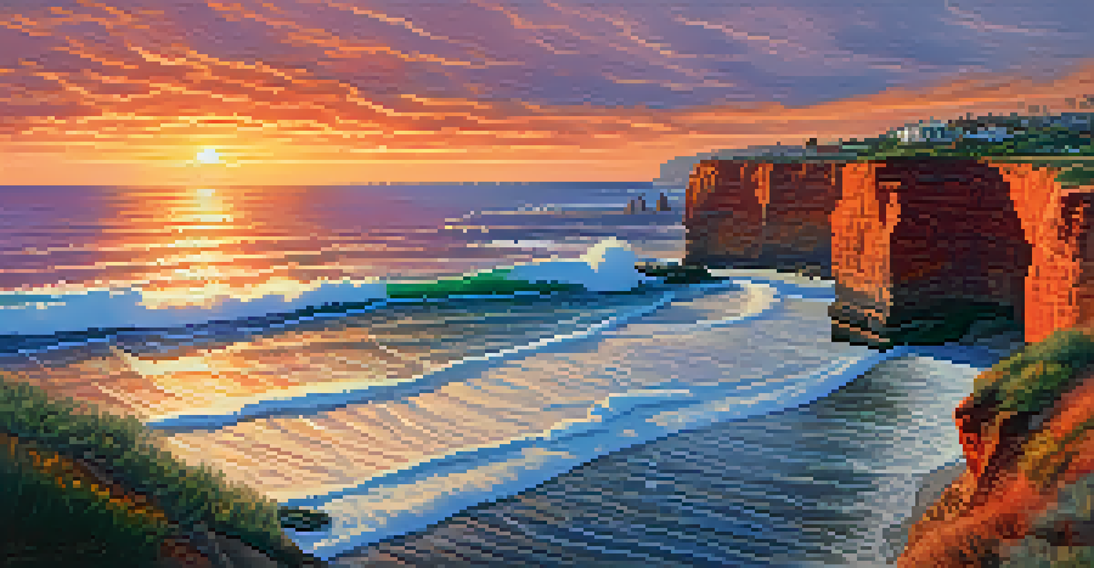 Families walking along Sunset Cliffs with dramatic views of the ocean and colorful sunset.