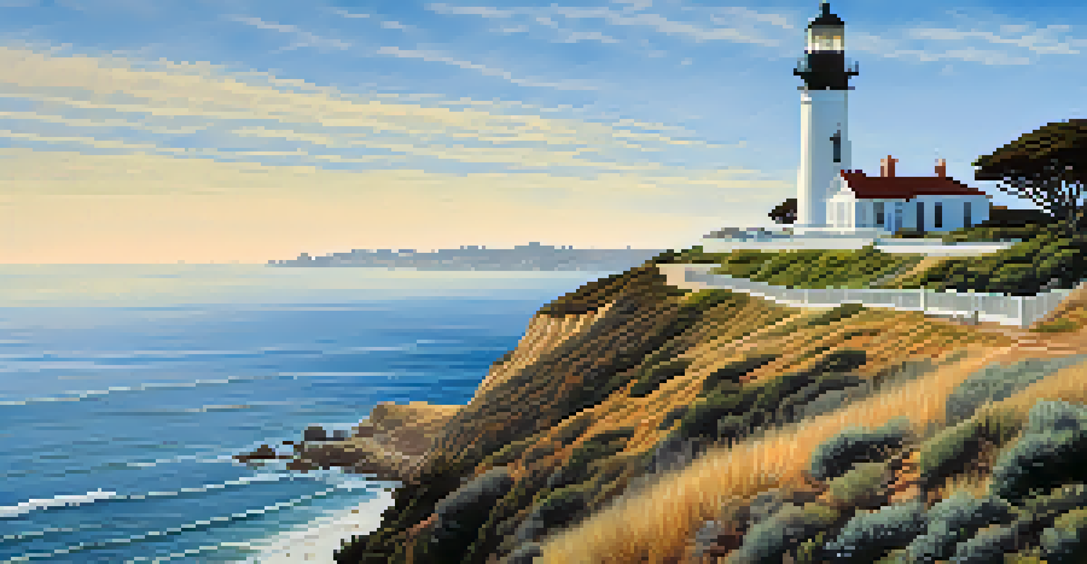 A panoramic view of Cabrillo National Monument with Old Point Loma Lighthouse and the Pacific Ocean in the background.