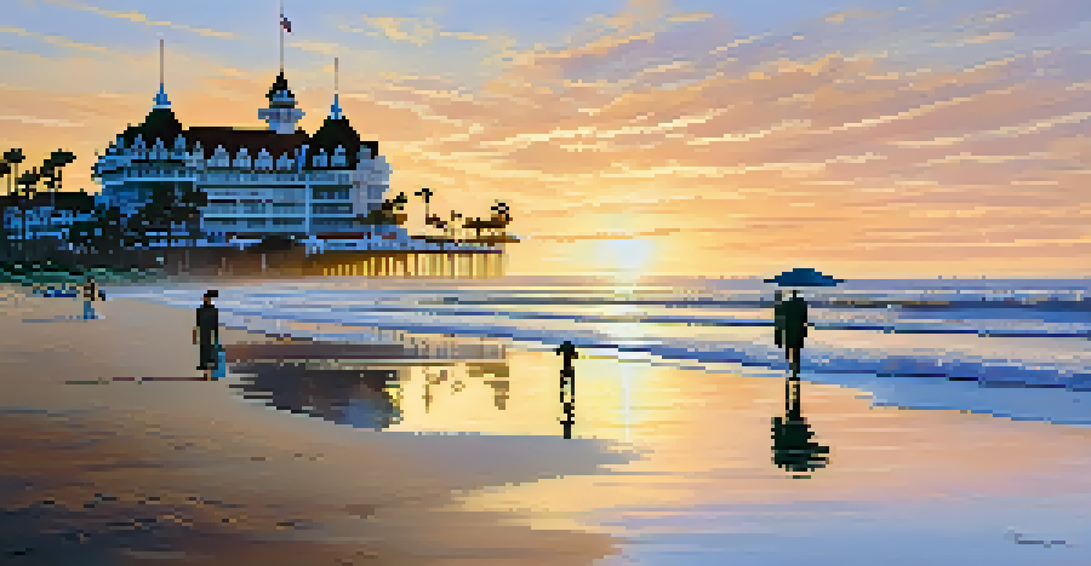 The Hotel del Coronado at sunrise with golden sands and a colorful sky, families walking along the beach.
