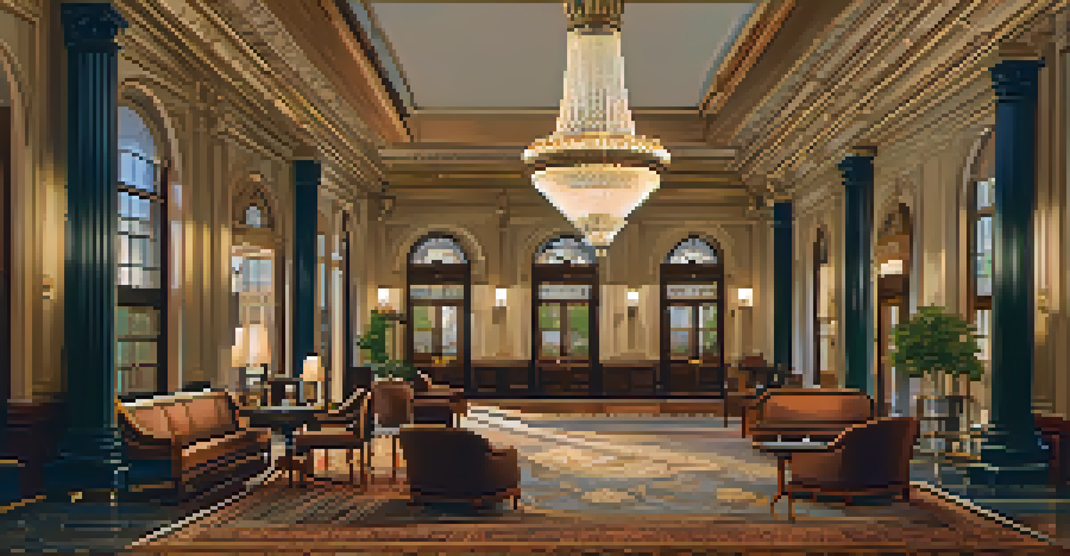 The luxurious lobby of the U.S. Grant Hotel, showcasing chandeliers and elegant decor.