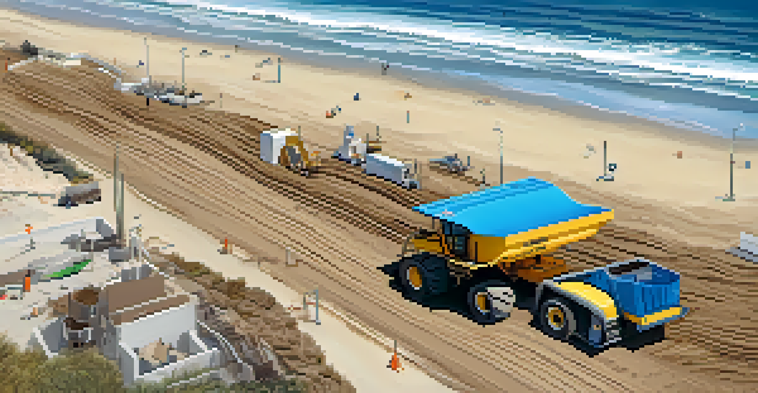 An aerial view of a beach nourishment project in San Diego, with machinery adding fresh sand to an eroded beach.