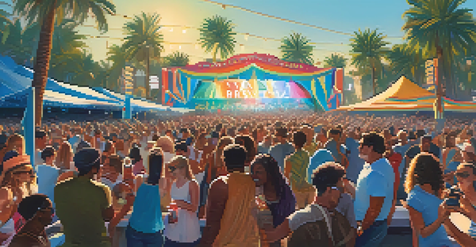 A lively outdoor music festival in San Diego with a diverse crowd enjoying performances under a sunny sky.