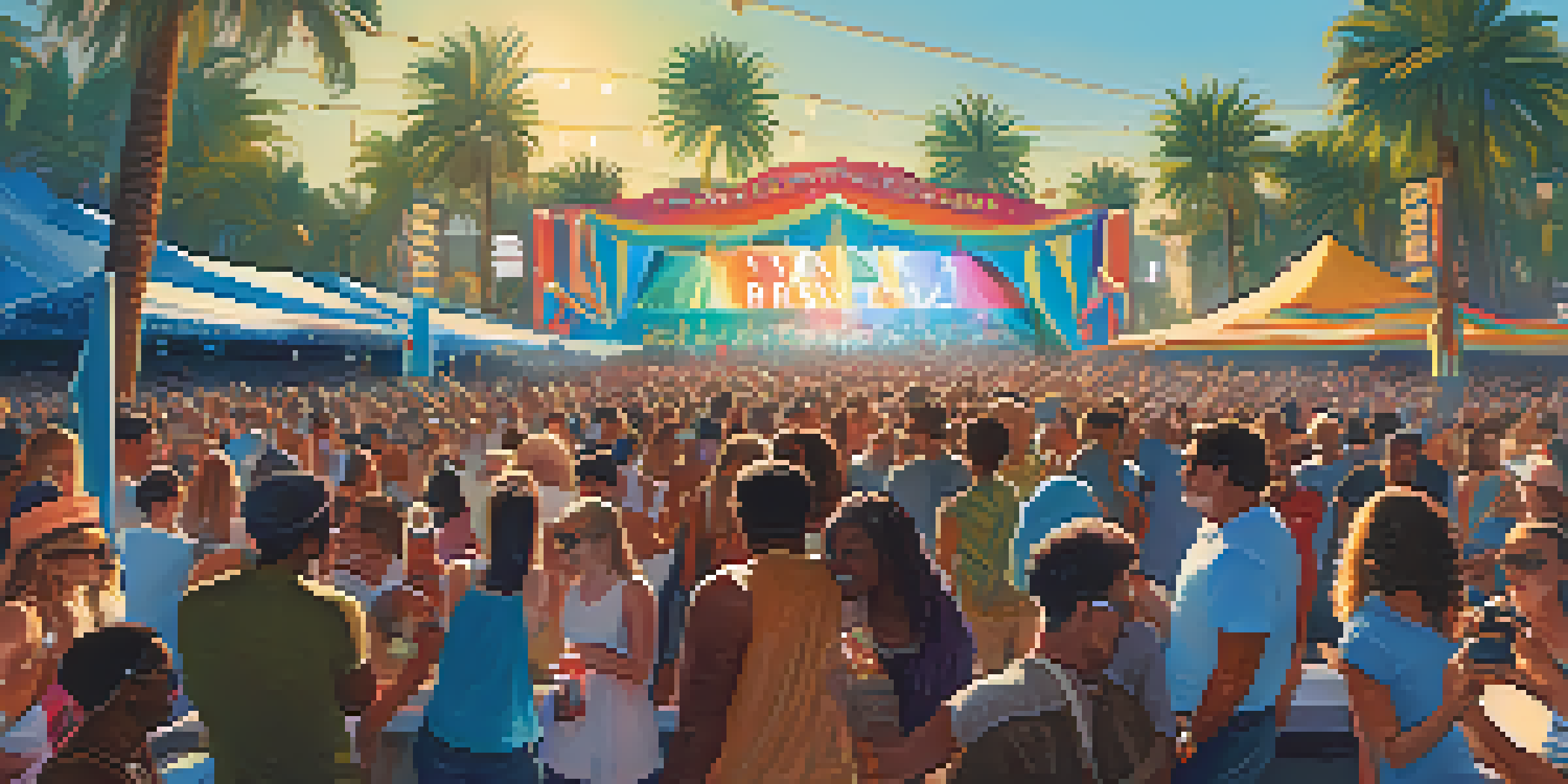 A lively outdoor music festival in San Diego with a diverse crowd enjoying performances under a sunny sky.
