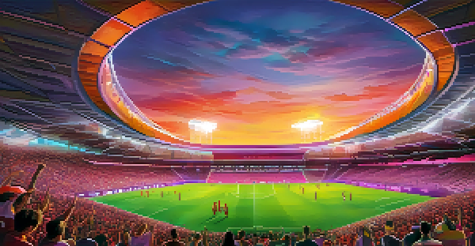 A sunset view of Snapdragon Stadium filled with fans wearing colorful jerseys, celebrating a soccer match under a colorful sky.