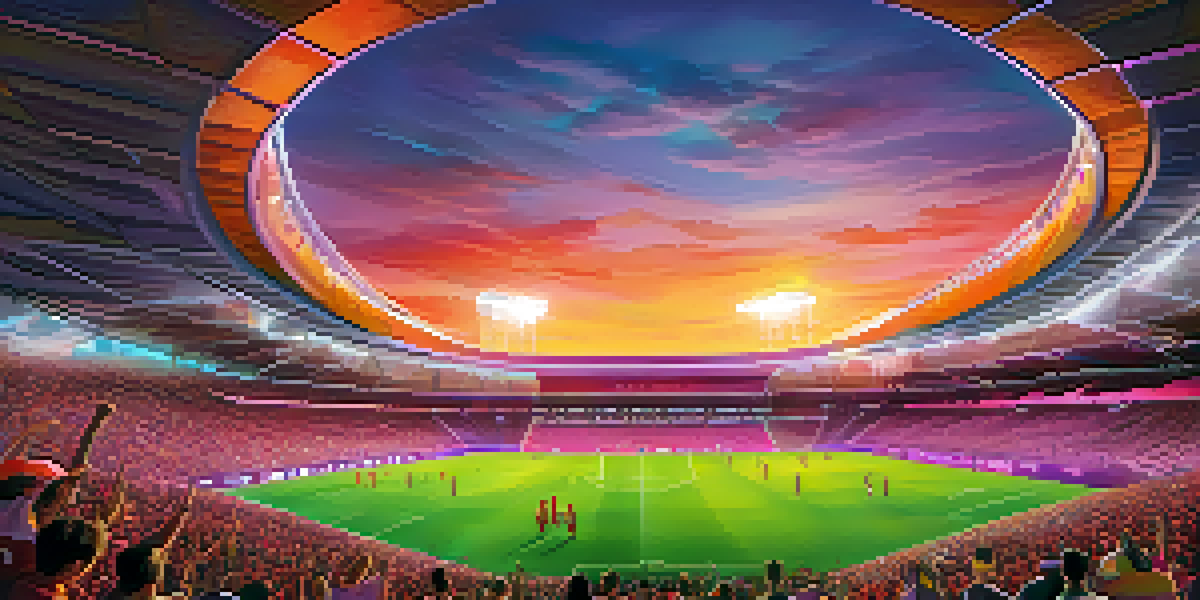 A sunset view of Snapdragon Stadium filled with fans wearing colorful jerseys, celebrating a soccer match under a colorful sky.