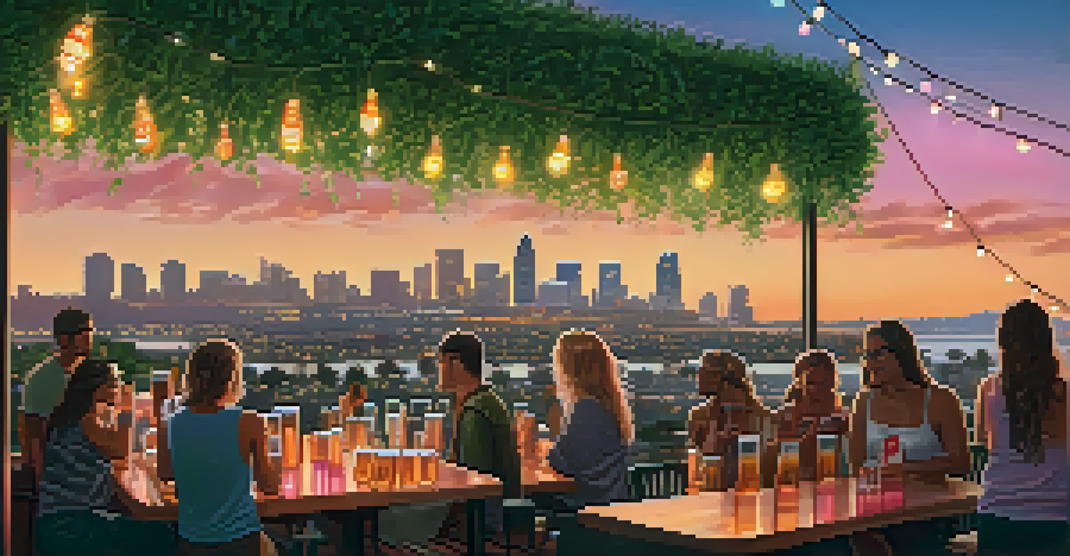 An outdoor beer garden in San Diego with craft beers in glasses, lush greenery, and string lights. The sunset casts orange and pink hues over the skyline.