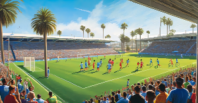 A lively soccer match occurring in San Diego, with players in colorful jerseys and enthusiastic fans in the background.