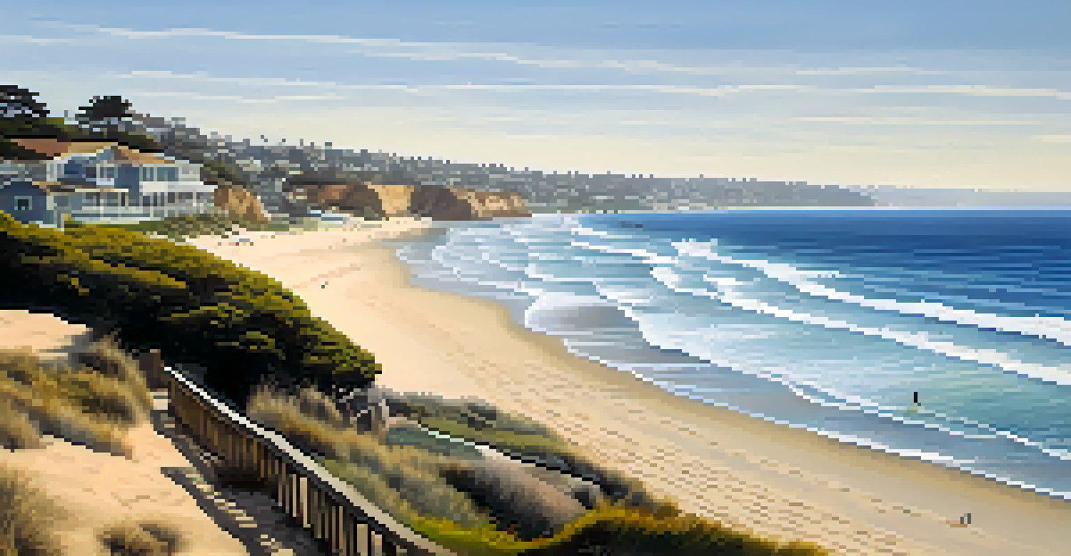 A tranquil beach scene in La Jolla with golden sands, gentle waves, and luxury homes on cliffs.
