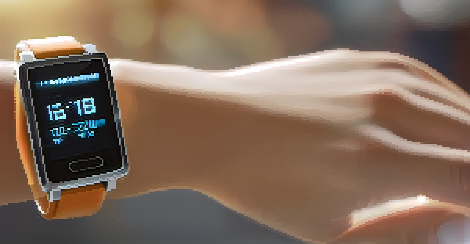 A close-up of a hand using a wearable health monitoring device, showing real-time health data, blurred background, and warm lighting.