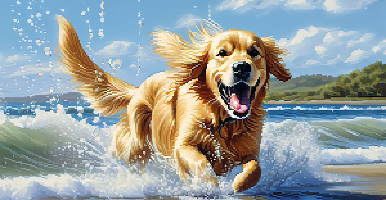 A golden retriever joyfully splashing in the water at a beach dog park on a sunny day.