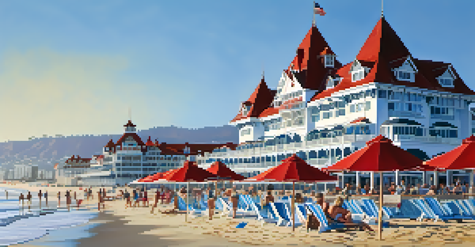 The historic Hotel del Coronado with a red roof, clear blue sky, and beachgoers in the foreground.