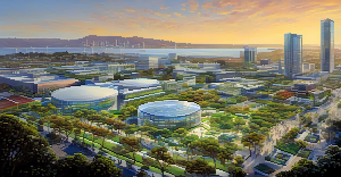 Aerial view of San Diego's biotech district with modern buildings and greenery, showcasing a vibrant atmosphere of innovation.